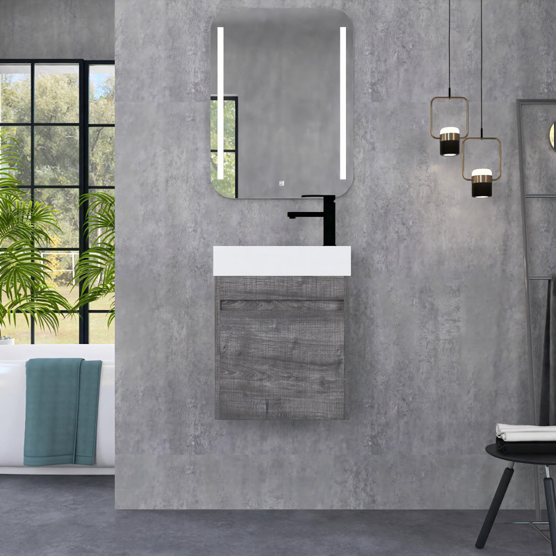 Meuble-lavabo flottant 18 po avec porte à fermeture douce et petit comptoir en résine, Gris