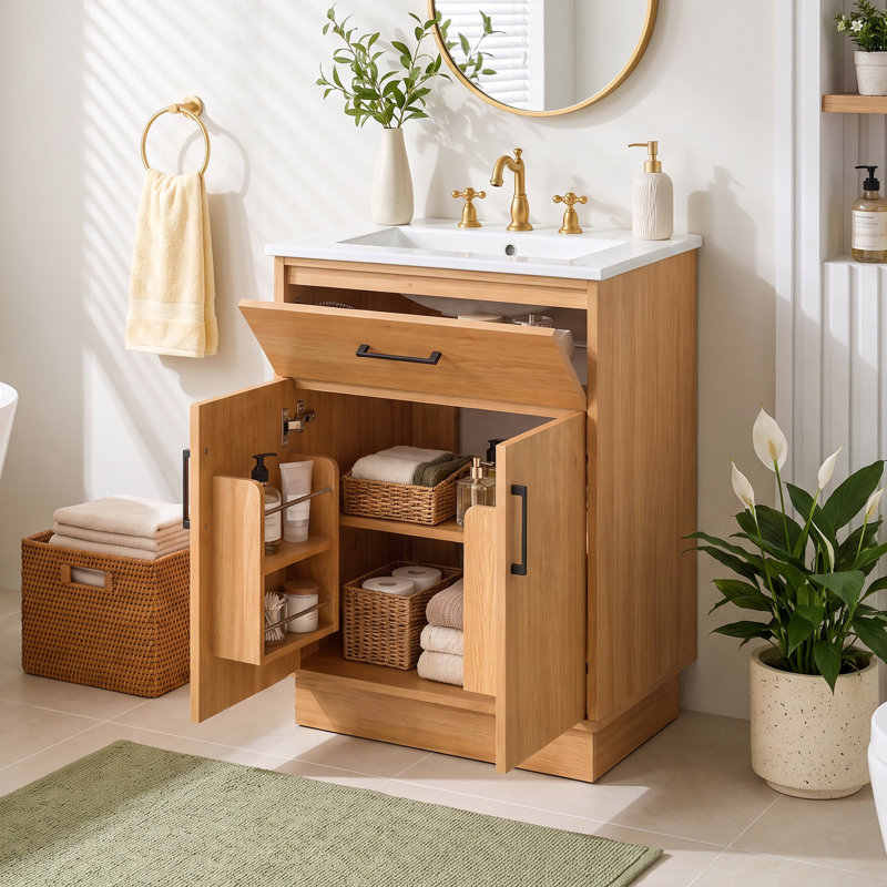 Meuble-lavabo autoportant moderne 24 po avec lavabo en céramique, couleur bois naturel