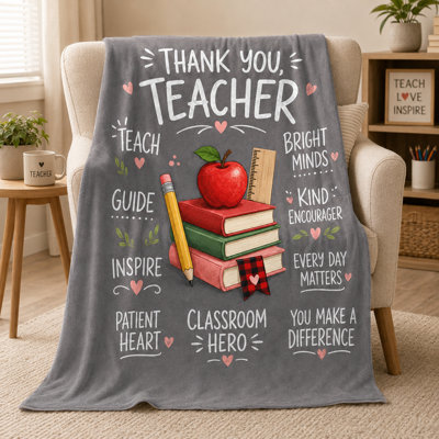 Thank You Teacher Throw Blanket with Classroom Chalkboard Design, Teacher Appreciation Gift Flannel Blanket Featuring Apple Books Pencil and Inspirational Quotes, 30 x 40 in