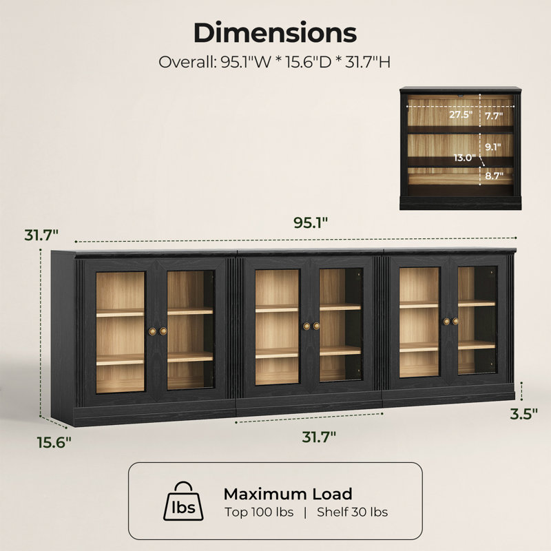 Ensemble de 3 buffets vitrines Monos avec portes, noirs, Black