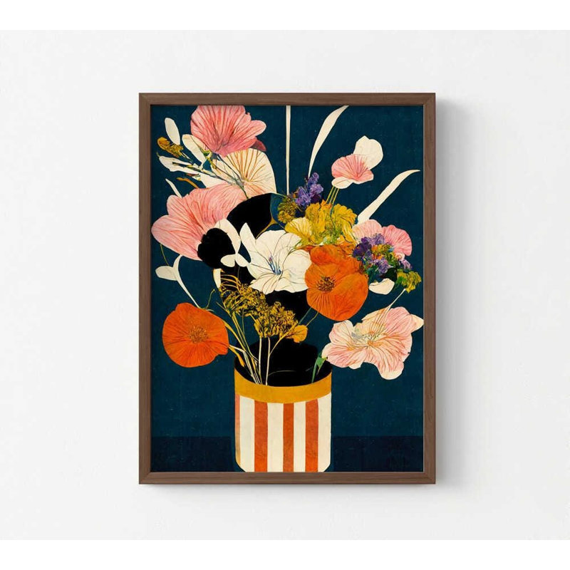 «Striped Vase Bouquet - Modern Floral Still Life», reproduction d'art, H 48 po x l 36 po, Brun