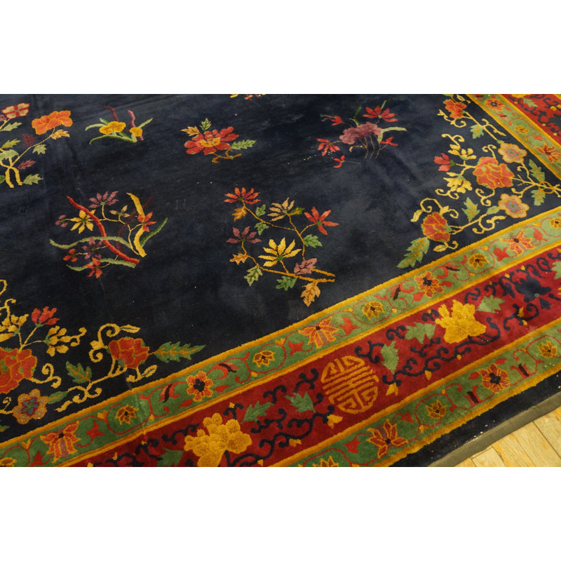 Chinese - Art Deco Rectangle Knotted Antique Wool Room Size Blue 1920s Rug