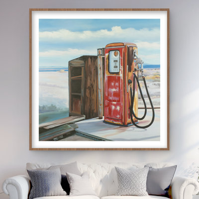 Ancienne pompe à essence - reproduction encadrée avec passe-partout | Décoration vintage rétro