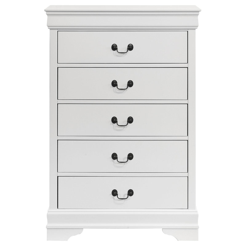 Commode haute Nim, 5 tiroirs de rangement, garniture moulée blanche classique