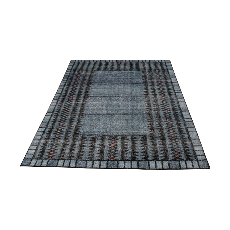 Rug & Kilim’S Distressed Scandinavian Rug In Blue Geometric Pattern, Blue/Black, Rectangle 12' x 18'