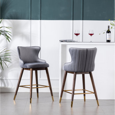 2 tabourets à oreilles de hauteur comptoir de couleur grise, revêtus d'un tissu doux et d'un rembourrage en mousse épaisse, gris élégant, siège fuselé dense