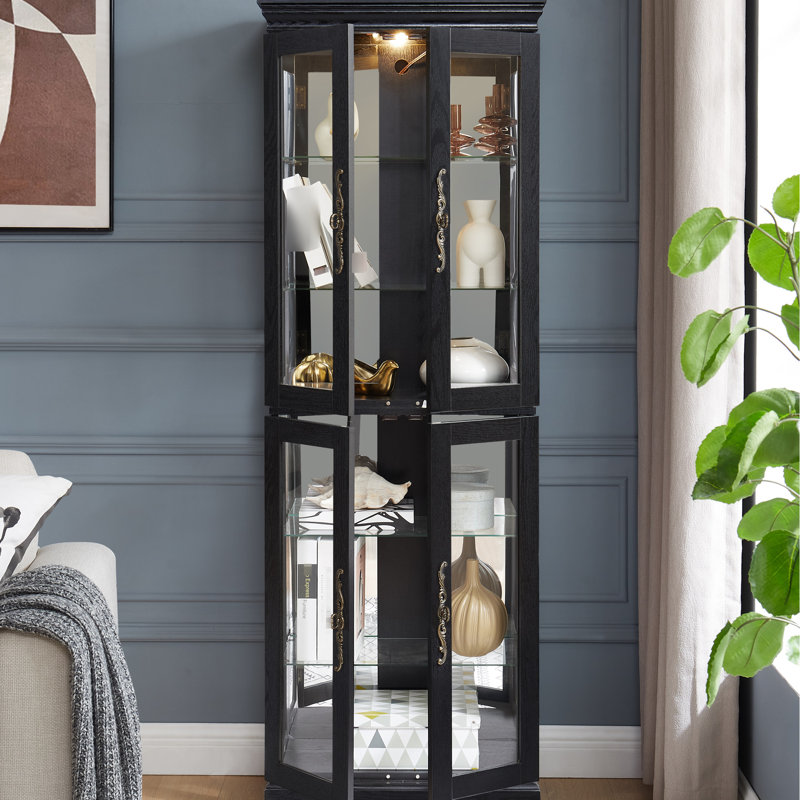 Armoire en verre noir avec éclairage exquis pour garde-manger, présentoir de collection idéal dans la cuisine, éclairage enchanteur et tablettes réglables