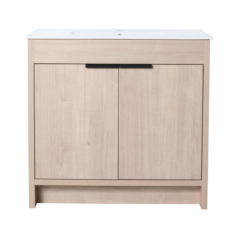 Armoire de salle de bain autoportante 36 po, chêne clair, 2 portes à fermeture douce, tablette réglable, meuble-lavabo à poignées en métal, autoportante, portes avec charnières,
