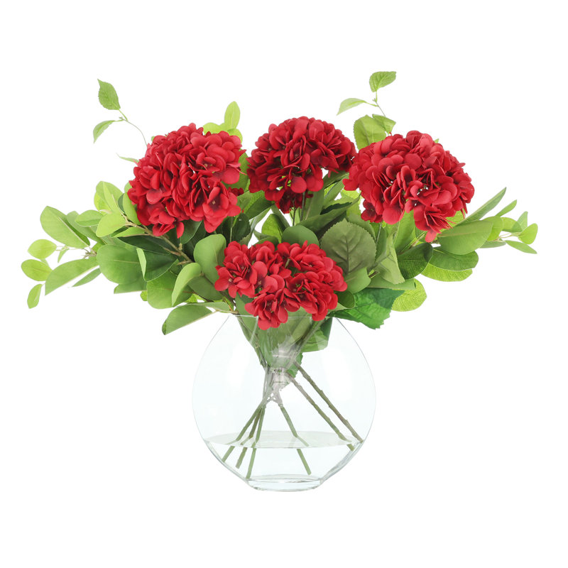 Arrangement d'hortensias dans un vase de lune, H 20 po x l 24 po x P 24 po