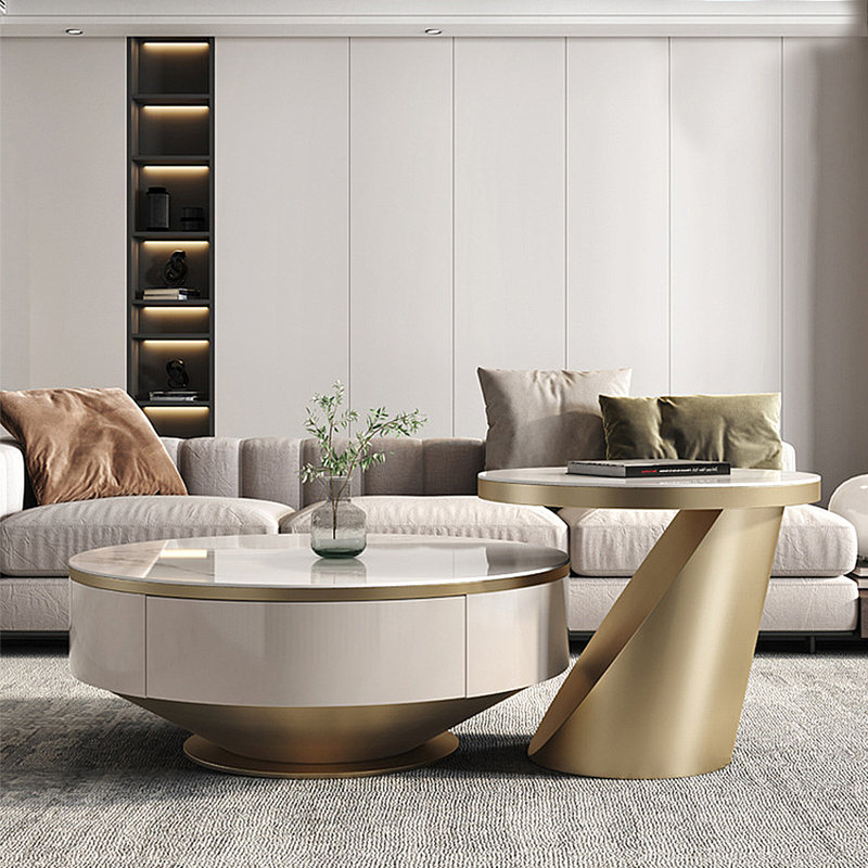 Ensemble de tables basses en pierre frittée minimaliste italienne, H 13,78 po x L 35,43 po x l 35,43 po, Doré