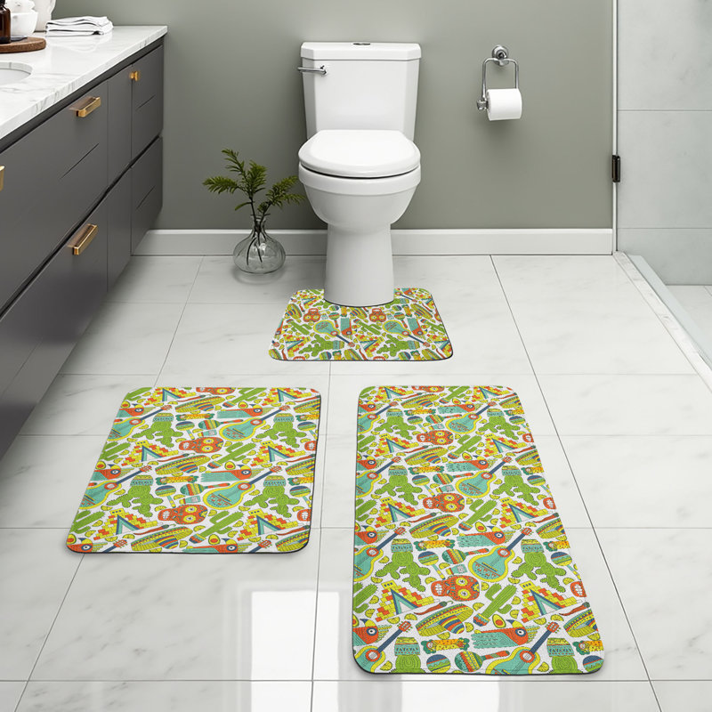  Mexican Bathroom Rug Set 3 Pieces U-Shape & Rectangle Mats Multicolor