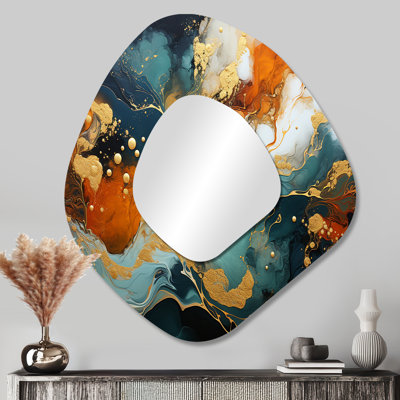 Tempête de marbre bleu et doré Crosslin - peinture abstraite de forme irrégulière, miroir mural, miroir asymétrique moderne, impression sur métal