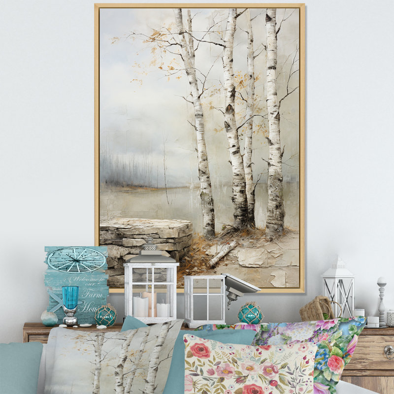 Rustic Birch Tree Charm - Art mural bouleau, Cadre flottant brun, H 40 po x l 30 po x P 1,5 po