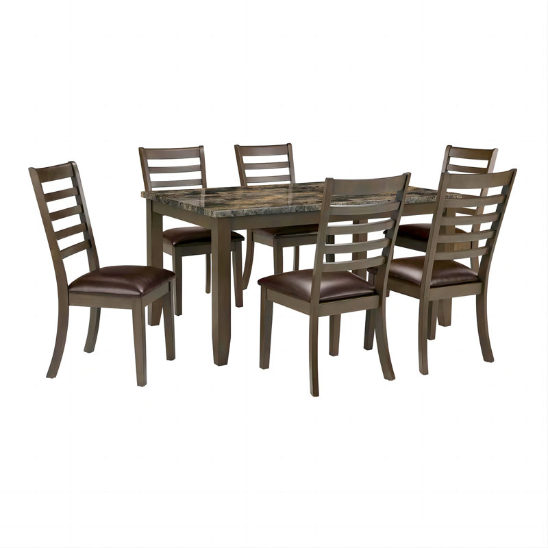 Ensemble de salle à manger simple et classique brun 7 pièces Table de salle à manger en faux marbre 6 chaises d'appoint en cuirette Mobilier de salle à manger