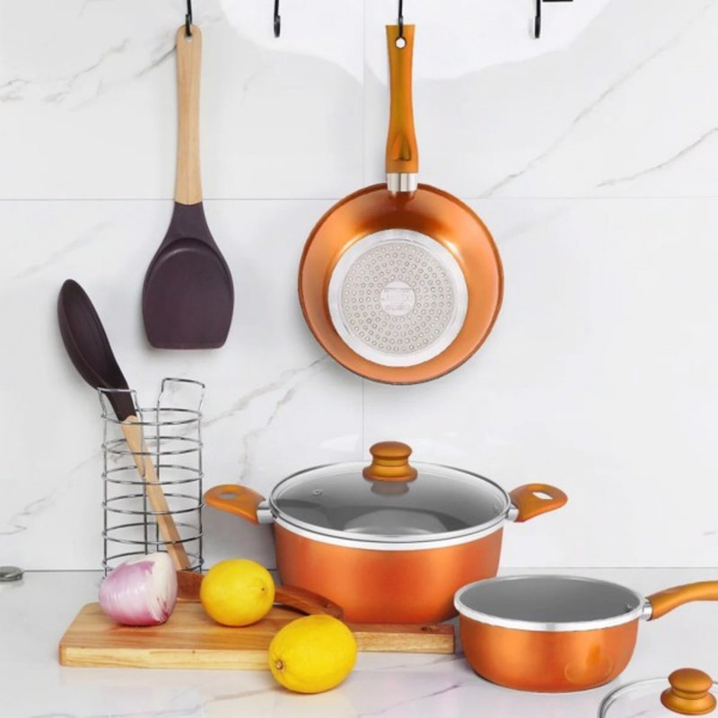 Ensemble d'ustensiles de cuisine pour la cuisine, ensemble de casseroles et poêles antiadhésives 6 pièces, wok, soupe, pot à lait orange