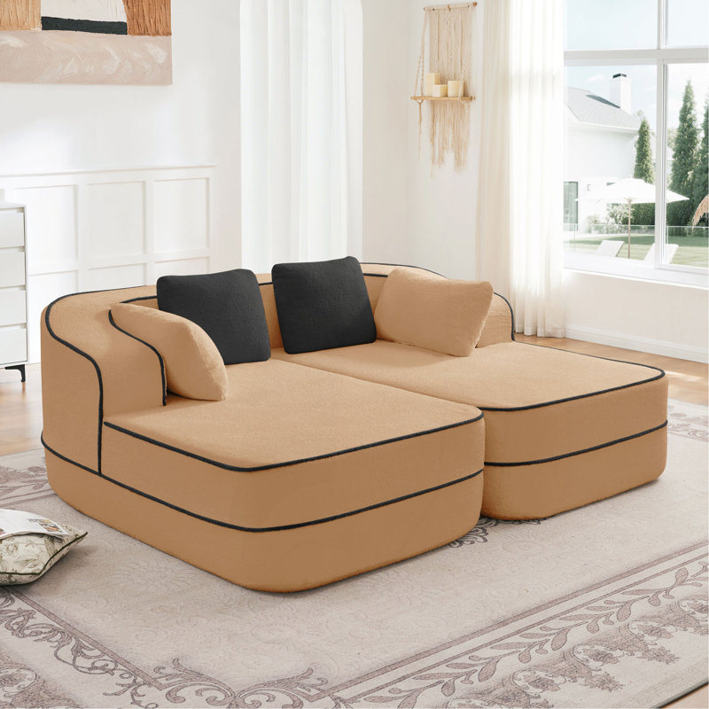 Canapé désossé 32D sans assemblage en tissu Teddy, couleur contrastante, canapé moelleux et confortable avec méridienne en L, pour le salon