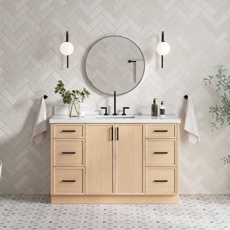 ARIEL Kelly Single Sink Bathroom Vanity with Italian Carrara Marble Top, Oak, 55"