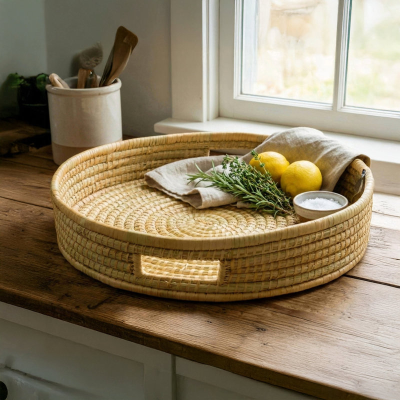 100% Handwoven Natural Rattan Approximately 17-18" Round Serving Tray, Boho Farmhouse Kitchen, Dining & Home Decor, Handcrafted – Authentic African Craftsmanship