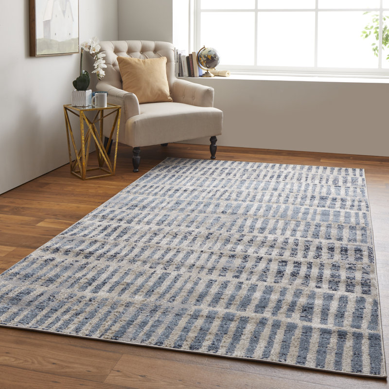 Tapis géométrique nomade, bleu / ivoire Gotay, Rectangle 4 pi 3 po x 6 pi 3 po