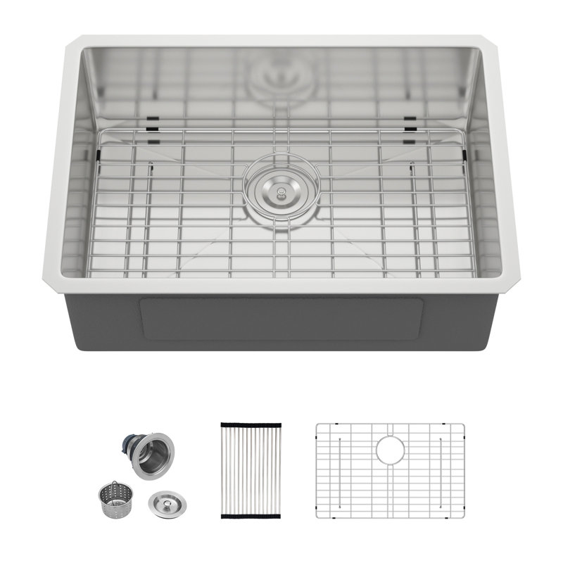 25" L Single Bowl Stainless Steel Undermount Kitchen Sink With Drain Assembly