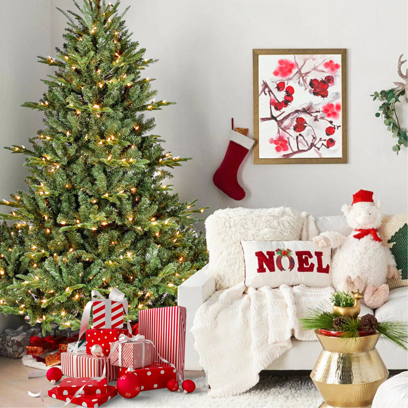 Arbre de Noël 7 pi avec 750 lumières UL - branches mixtes PE / PVC, 2257 pointes, base large pour les espaces spacieux, structure à charnières, support en métal stable