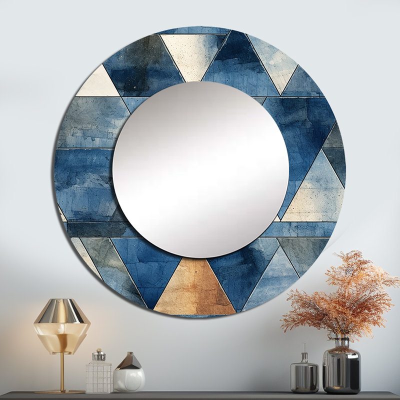 Rustic Cobalt Triangle Symphony - grand miroir géométrique, décor de miroir mural unique et moderne, impression d'art en métal