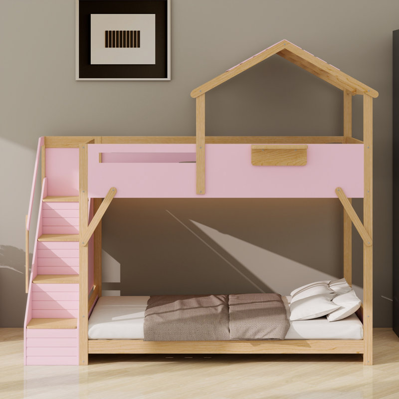 Lit superposé multi-fonctionnel avec escalier, lumières DEL, Twin over Twin, Pink