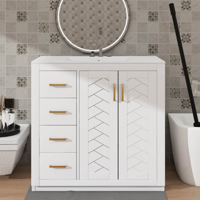 Meuble-lavabo de 36 pouces avec lavabo en céramique, unité de rangement moderne avec 3 tiroirs et 2 portes, autoportant