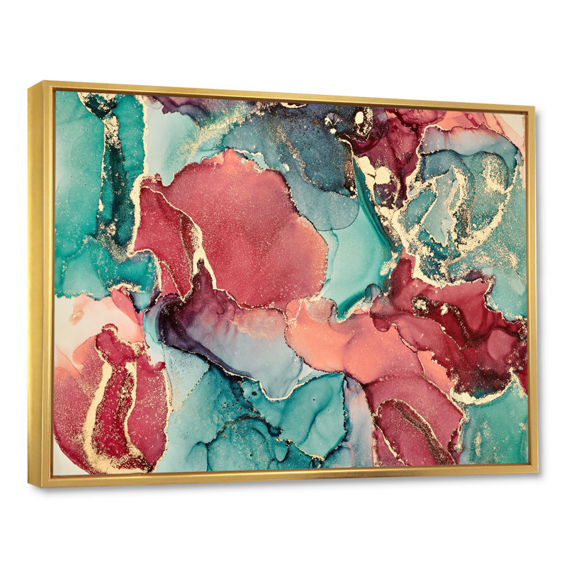 Bleu et mauve luxueux abstrait fluide X - peinture sur toile, H 30 po x l 40 po, Cadre flottant doré