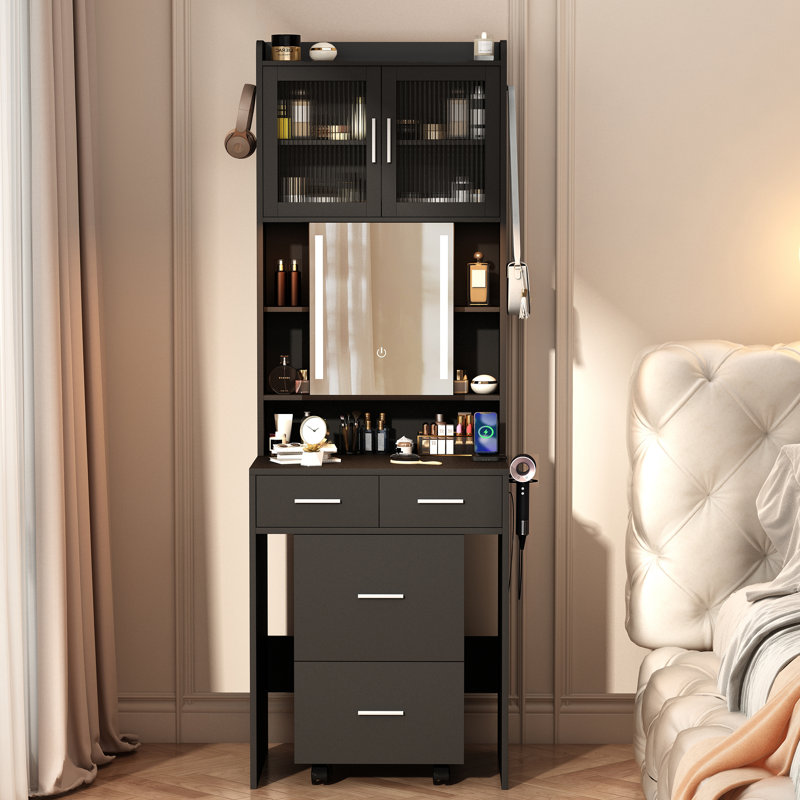 Makeup Vanity Set with LED Lights and Power Outlets, Black