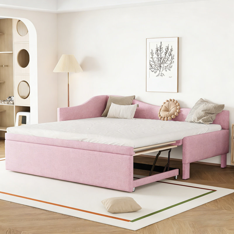 Twin L-Shaped Daybed With Pop-Up Trundle, Pink