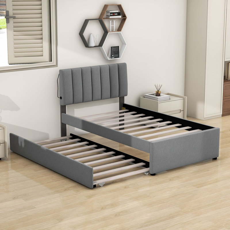 Lit plateforme tapissier en bois avec lit gigogne et tête de lit, Simple, gris