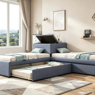 L-Shaped Upholstered Platform Bed with Trundle, Drawers, and Built-in Desk