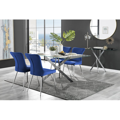 Lenworth Chrome and Glass Rectangular Dining Table Set with 4 Luxury Velvet Chairs