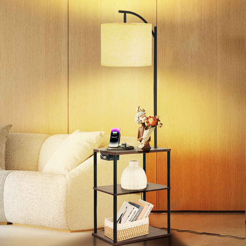 59.06'' Tray Table Floor Lamp with USB & Type-C & AC Port，Modern Shelves Side Table