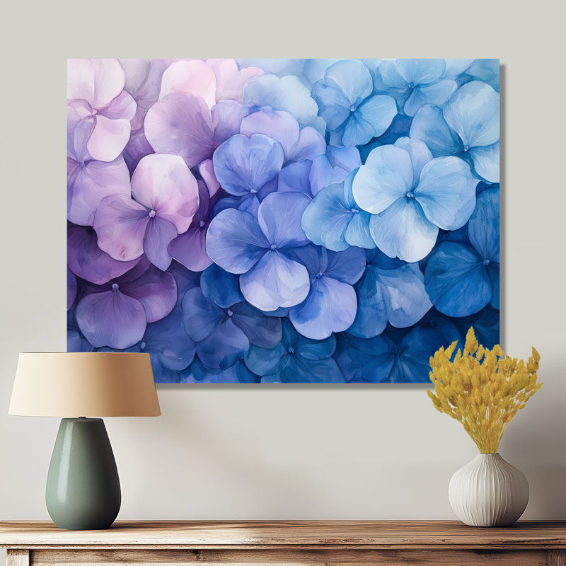 Jacoree, hortensia à l'aquarelle, encre mauve I - hydrangées, art mural, Toile tendue, H 16 po x l 32 po, Ne s’applique pas