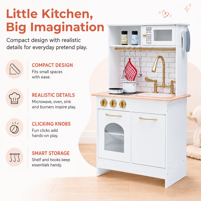  Teamson Kids Little Chef Boston Wooden Pretend Play Kitchen Set with Oven, Microwave and Acessory Set, White