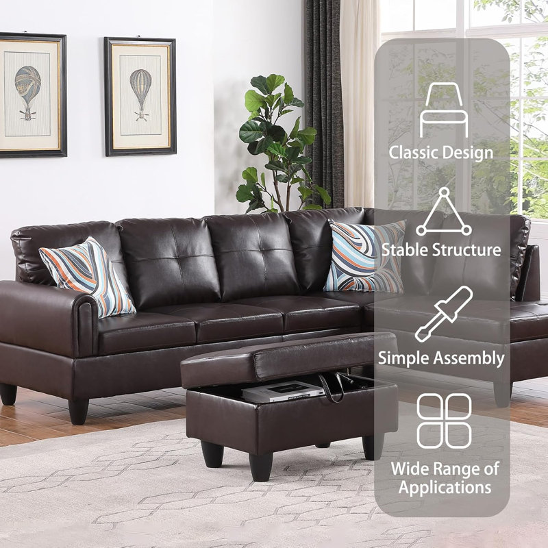 3-Piece Faux Leather Sectional Sofa, Brown Faux Leather