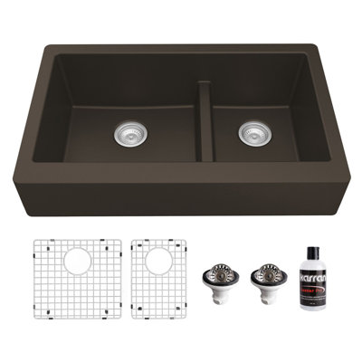 Karran Quartz 34'' X 21-1/4'' Double Bowl 60/40 Retrofit Farmhouse/Apron Front Kitchen Sink Kit