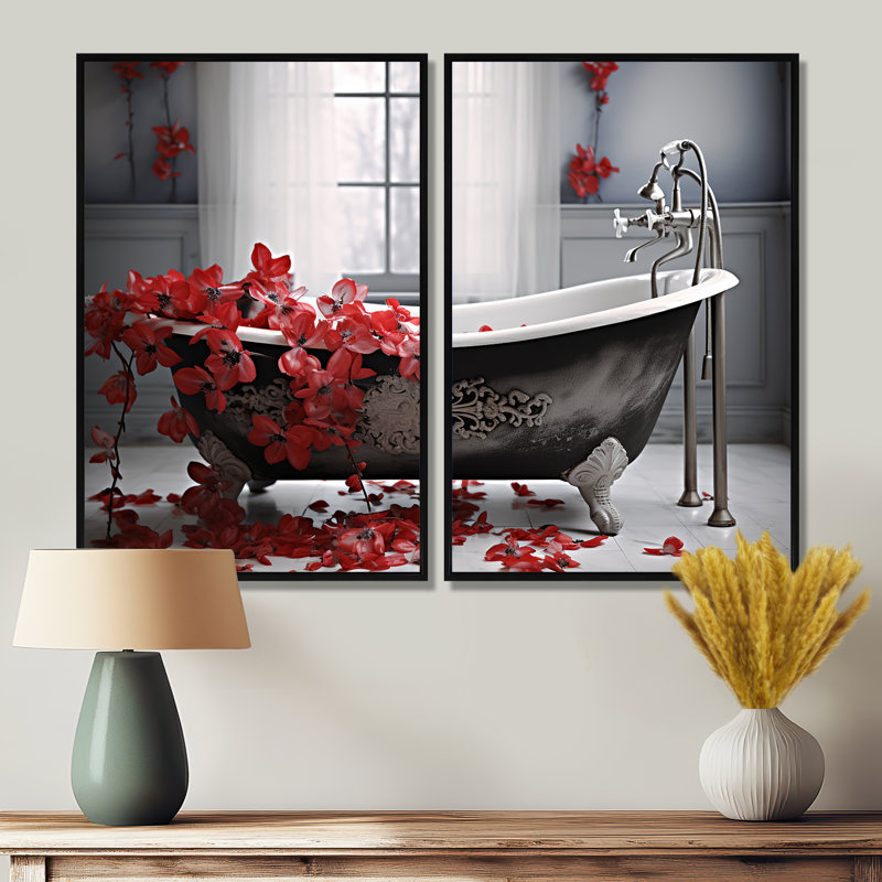 «Red Floral Bath I», art mural traditionnel orange, Noir, H 36 po x l 48 po, Reproduction encadrée sans passe-partout