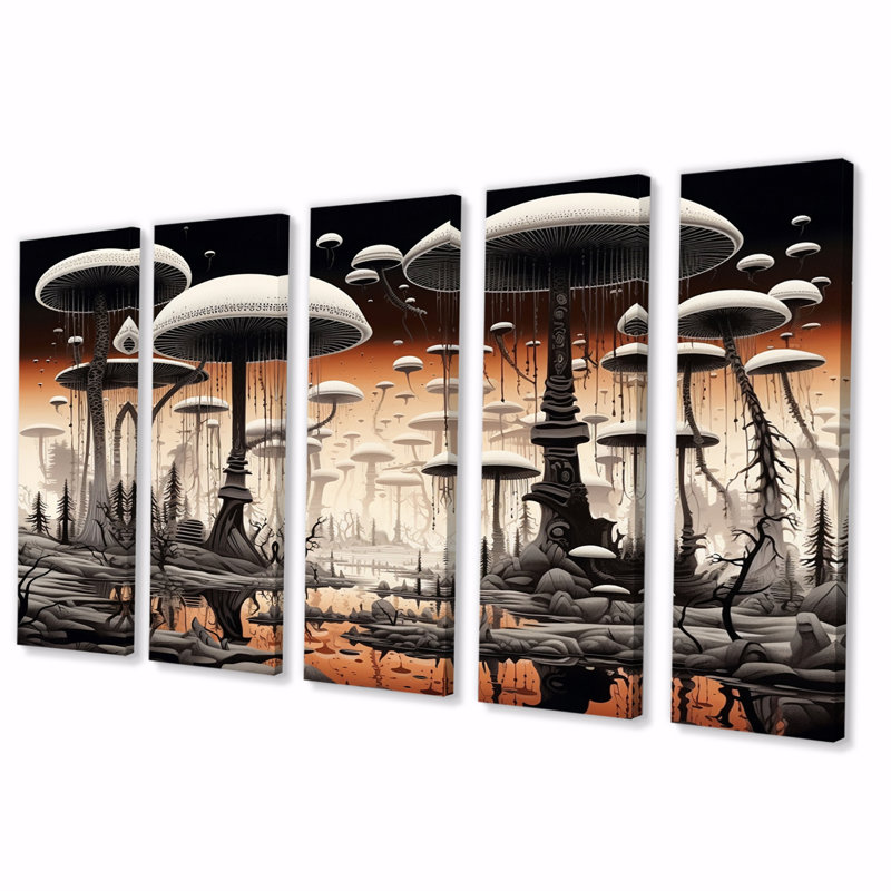 «Magic Mushroom Enchanted Forest Illustration I», reproduction sur toile - 5 panneaux égaux