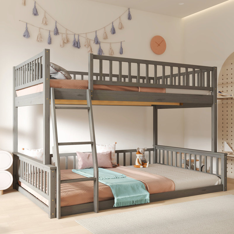 Lit superposé, gris - Assure un lit double très grand au-dessus d'un grand lit avec des matelas sans glissement