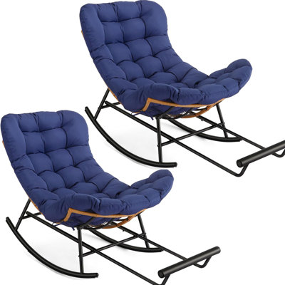  2PCS Papasan Rocking Chair with Foot Rest, Oversized Papasan Chair with Thick Removable Cushion and Metal Frame, Lounge Chairs
