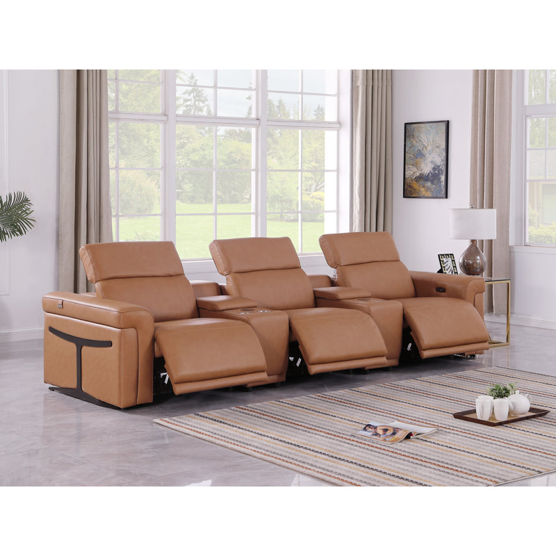 5-Piece 3-Power Reclining Italian Leather Sofa With Power Headrest, Cognac