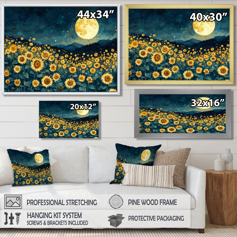 «Midnight Sunflowers» par Vincent II - art mural tournesols, H 28 po x l 60 po, Impression encadrée flottante, Noir