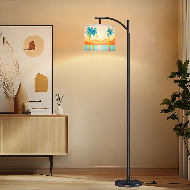 Lampe sur pied à arc avec abat-jour ajustable Sunset Desert Landscape Blue Palm Trees Calm Water Coastal Lampadaire 3 températures de couleur à intensité variable avec mât pour la chambre à coucher