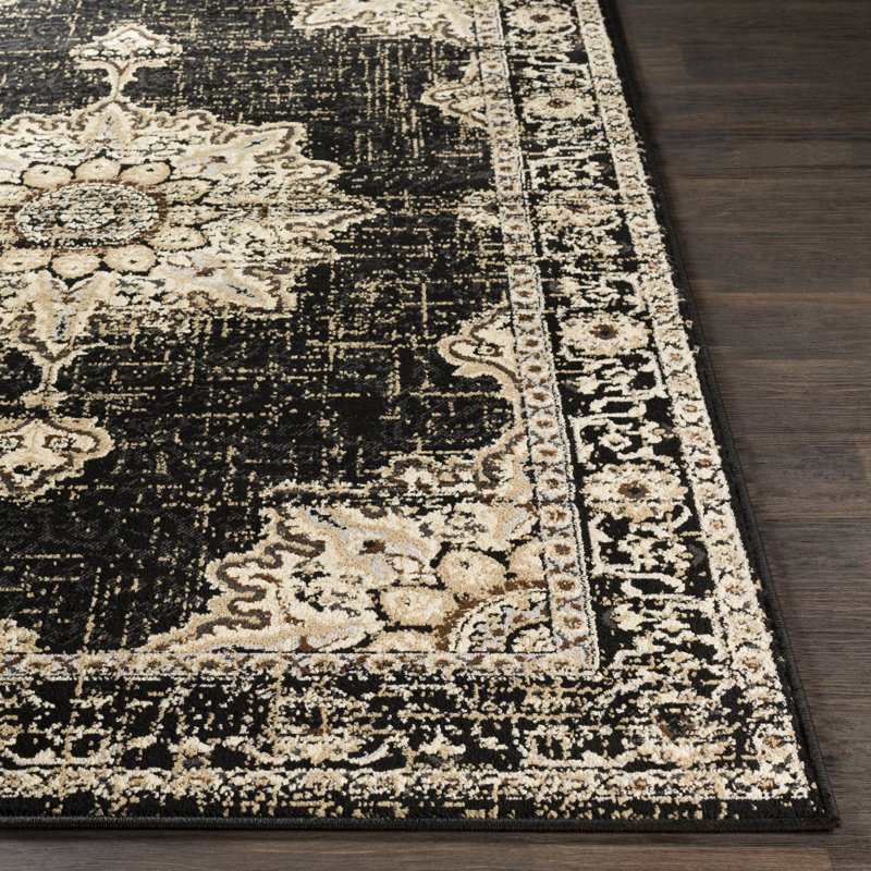 Tapis oriental noir / sauge tissé à la machine Ramsay, Rectangle 7 pi 9 po x 11 pi 2 po