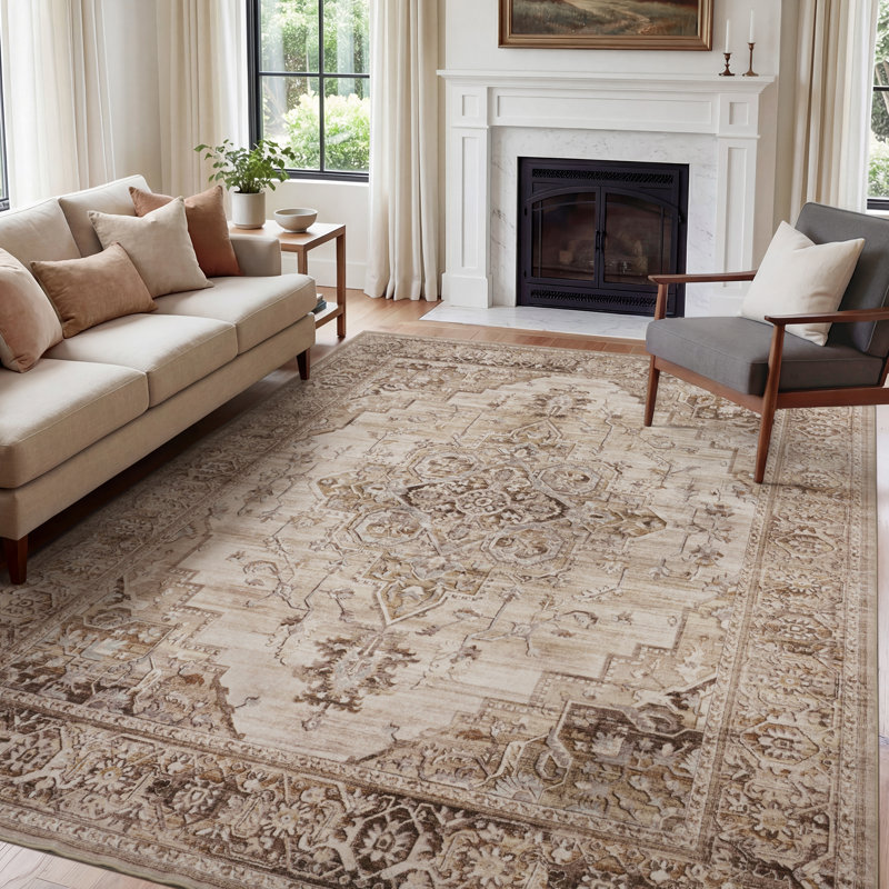 Soft Machine Washable Vintage Distressed Medallion Area Rug For Living Room, Bedroom With Non-Slip Backing In Taupe/Brown
