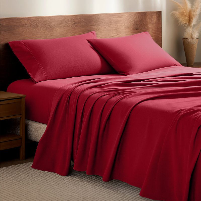 100% Cotton Flannel Sheet Set, Red, Split King Sheet Set with 2 Pillowcases