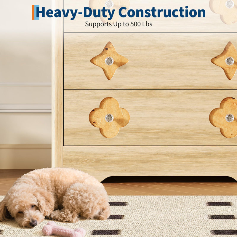 46.1" Tall 5 Drawer Wood Dresser with Decorative Fronts & Crystal Knobs, Narrow Storage Chest, Natural